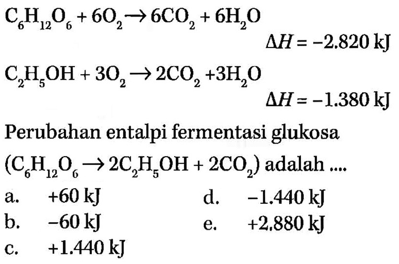 C6H12O6+6O2->6CO2+6H2O segitiga H= -2.820 kJ C2H5OH+3O2->2CO2+3H2O segitiga H=-1.380 kJPerubahan entalpi fermentasi glukosa (C6H12O6->2C2H5OH+2CO2) adalah ....