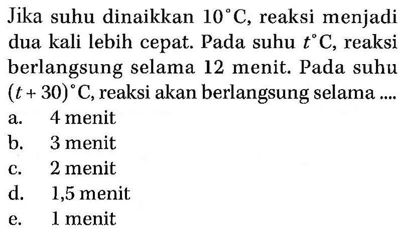 Jika suhu dinaikkan 10 C, reaksi menjadi dua kali lebih cepat. Pada suhu t C, reaksi berlangsung selama 12 menit. Pada suhu (t+30) C, reaksi akan berlangsung selama .... 