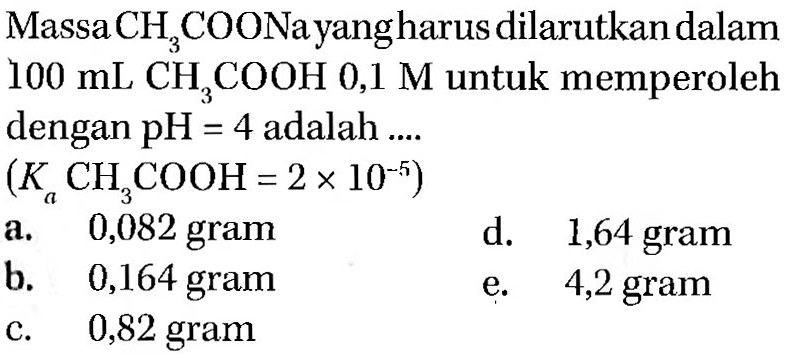 Massa CH3COONa yang harus dilarutkan dalam 100 mL CH3COOH 0,1 M untuk memperoleh dengan pH = 4 adalah . . . (Ka CH3COOH = 2 x 10^(-5))