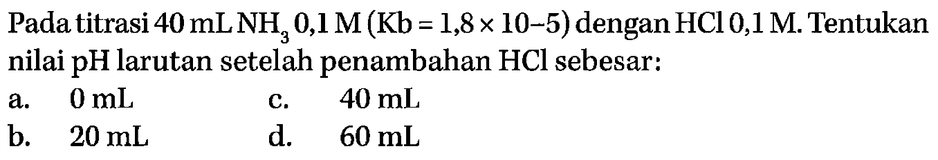 Pada titrasi  40 mLNH3 0,1 M(Kb=1,8 x 10-5)  dengan HCl 0,1 M. Tentukan nilai pH larutan setelah penambahan HCl sebesar:
a.  0 mL
c.  40 mL
b.  20 mL
d.  60 mL