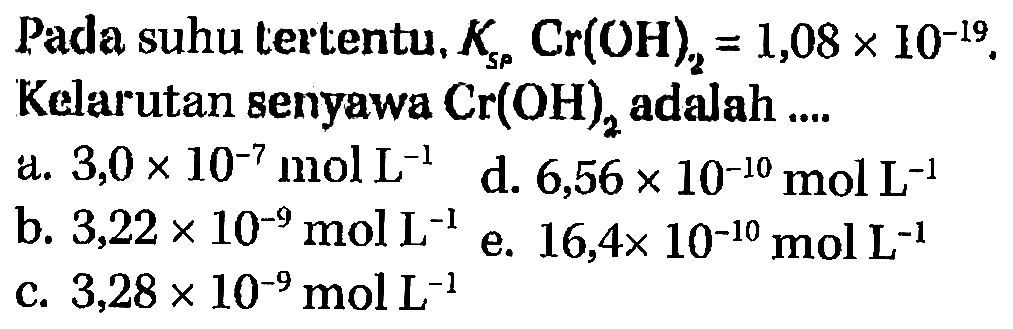 Pada suhu tertentu, Ksp Cr(OH)2 = 1,08 x 10^(-19). Kelarutan senyawa Cr(OH)2 adalah