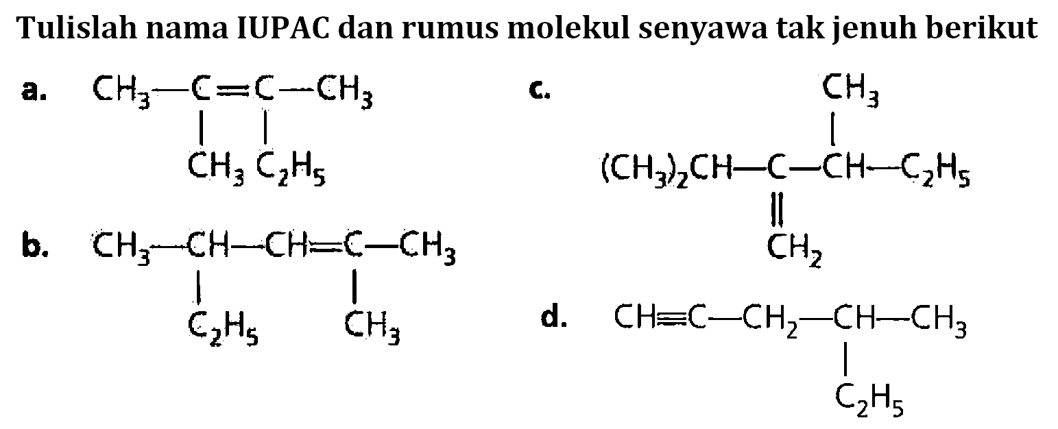 Tuliskan nama IUPAC dan rumus molekul senyawa tak jenuh berikut a. CH3 - C = C - CH3 | | CH3 C2H5 b. CH3 - CH - CH = C - CH3 | | C2H5 CH3 c. CH3 | (CH3)2CH - C - CH - C2H5 || CH2 d. CH ekuivalen C - CH2 - CH - CH3 | C2H5 