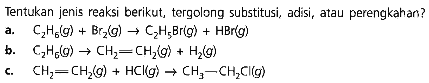 Tentukan jenis reaksi berikut, tergolong substitusi, adisi, atau perengkahan? a. C2H6(g) + Br2(g) -> C2H5Br(g) + HBr(g) b. C2H6(g) -> CH2 = CH2(g) + H2(g) c. CH2 = CH2(g) + HCl(g) -> CH3 - CH2Cl(g) 