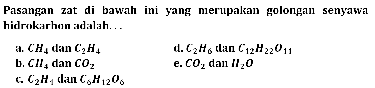 Pasangan zat di bawah ini yang merupakan golongan senyawa hidrokarbon adalah... 
a.  CH4 dan C2H4 
d.  C2H6 dan C12H22O11 
b.  CH4 dan CO2 
e.  CO2 dan H2O 
c.  C2H4 dan C6H12O6 