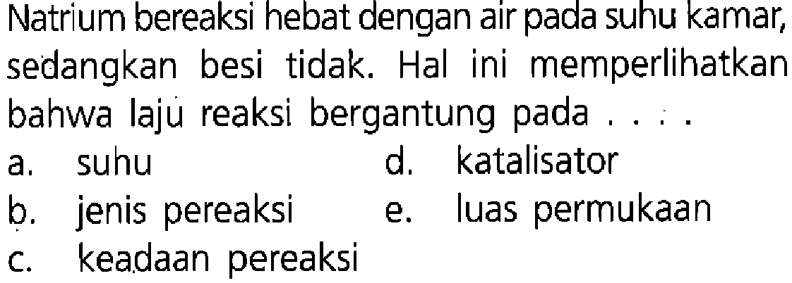 Natrium bereaksi hebat dengan air pada suhu kamar, sedangkan besi tidak. Hal ini memperlikan bahwa laju reaksi bergantung pada ... a. suhu 
d. katalisator 
b. jenis pereaksi 
e. luas permukaan 
c. keadaan pereaksi 