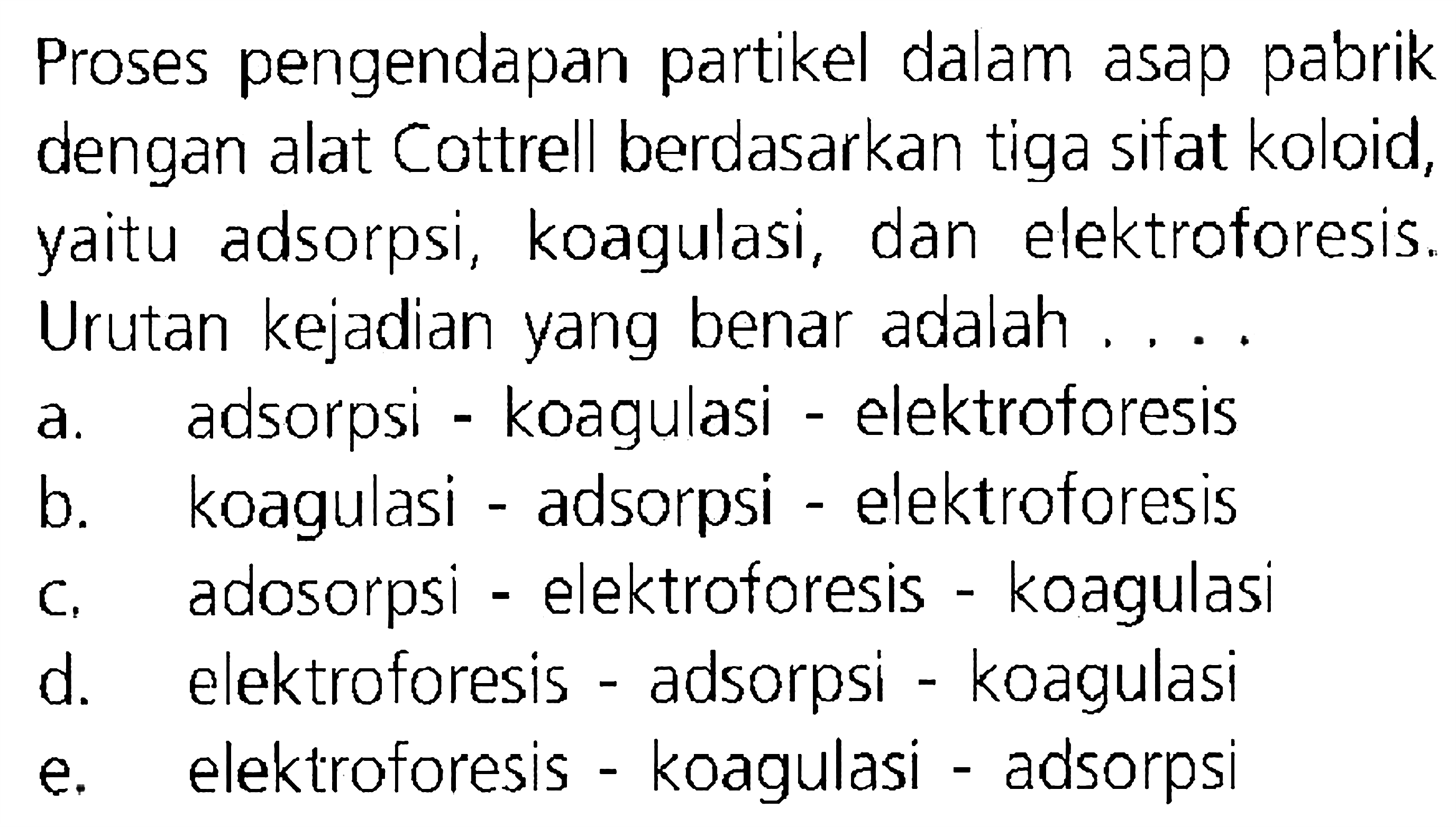 Proses pengendapan partikel dalam asap pabrik dengan alat Cottrell berdasarkan tiga sifat koloid, yaitu adsorpsi, koagulasi, dan elektroforesis.
Urutan kejadian yang benar adalah ....
a. adsorpsi - koagulasi - elektroforesis
b. koagulasi - adsorpsi - elektroforesis
c, adosorpsi - elektroforesis - koagulasi
d. elektroforesis - adsorpsi - koagulasi
e. elektroforesis - koagulasi - adsorpsi