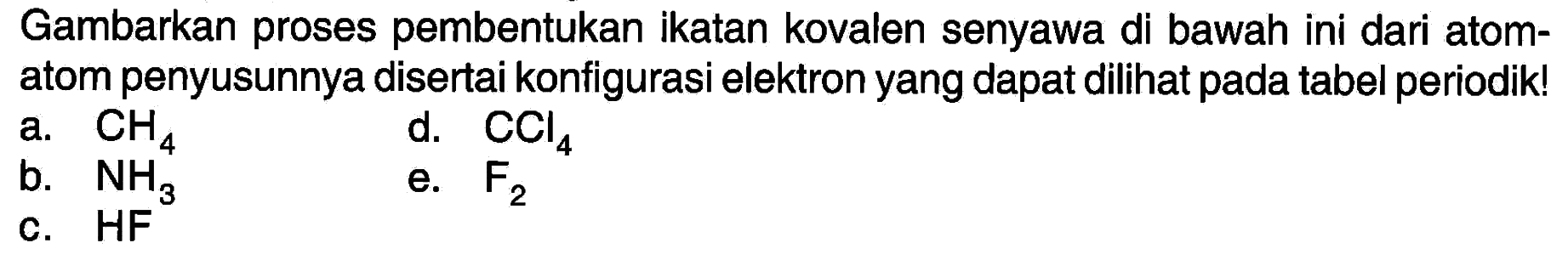 Gambarkan proses pembentukan ikatan kovalen senyawa di bawah ini dari atomatom penyusunnya disertai konfigurasi elektron yang dapat dilihat pada tabel periodik!
a.  CH4 
b.  NH3 
e.  F2 