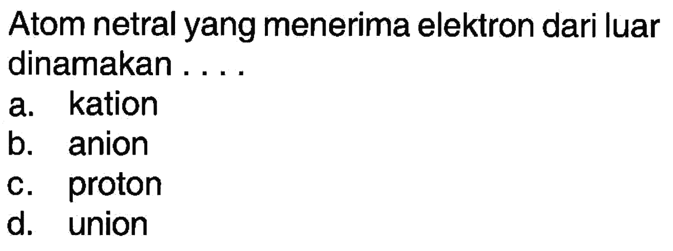 Atom netral yang menerima elektron dari luar dinamakan .... 