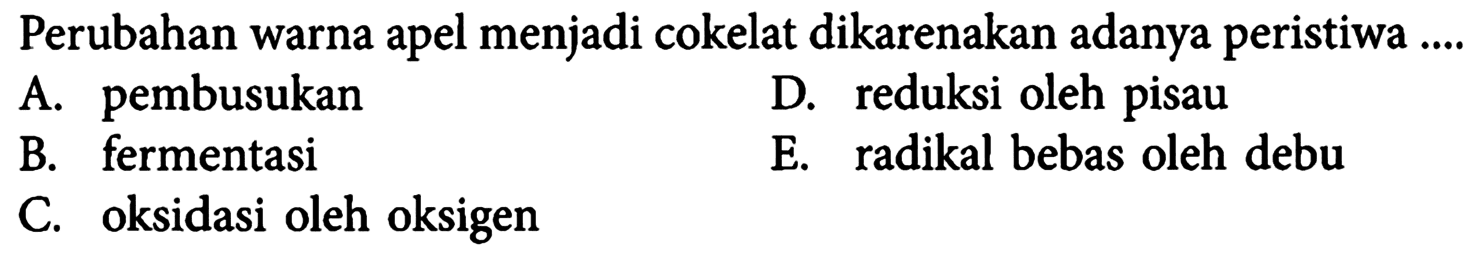 Perubahan warna apel menjadi cokelat dikarenakan adanya peristiwa .... 