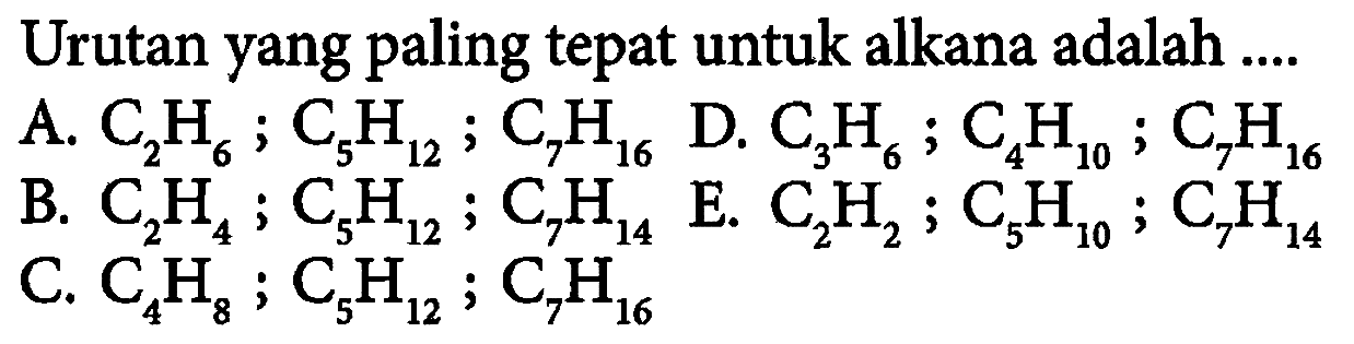 Urutan yang paling tepat untuk alkana adalah .... 