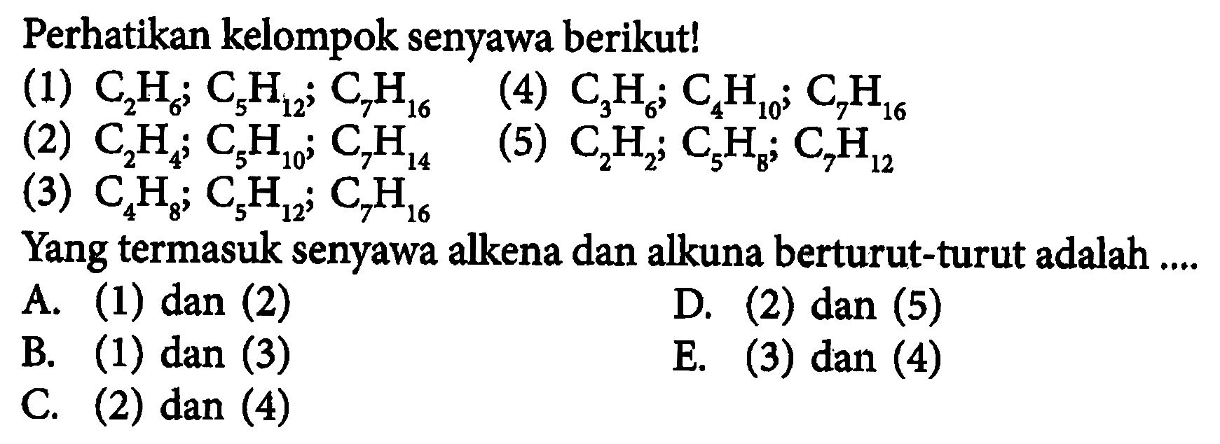 Perhatikan kelompok senyawa berikut! (1) C2H6; C5H12; C7H16 (2) C2H4; C5H10; C7H14 (3) C4H8; C5H12; C7H16 (4) C3H6; C4H10; C7H16 (5) C2H2; C5H8; C7H12 Yang termasuk senyawa alkena dan alkuna berturut-turut adalah .... 