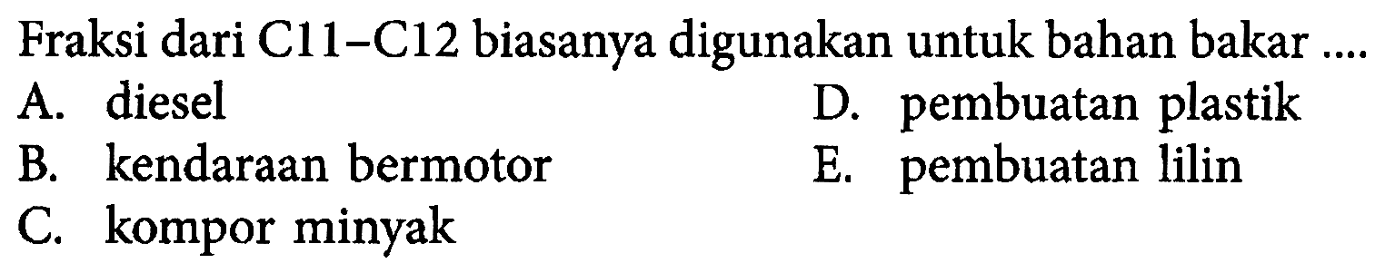 Fraksi dari C11 - C12 biasanya digunakan untuk bahan bakar .... 