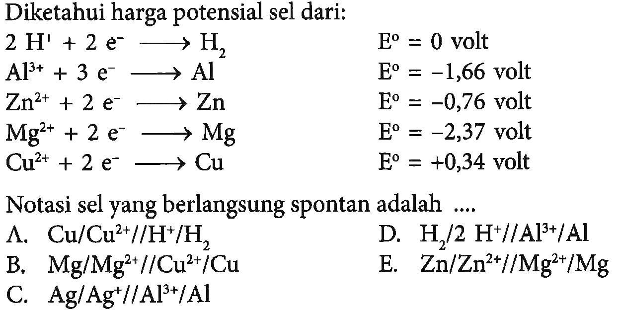 Diketahui harga potensial sel dari:  2 H^1 + 2 e^-  ---> H2  E=0  volt   Al^(3+) + 3 e^- ---> Al  E=-1,66  volt   Zn^(2+) + 2 e^- ---> Zn  E=-0,76  volt  Mg^(2+) + 2 e^- ---> Mg  E=-2,37  volt  Cu^(2+) + 2 e^- ---> Cu E=+0,34  volt  Notasi sel yang berlangsung spontan adalah ....