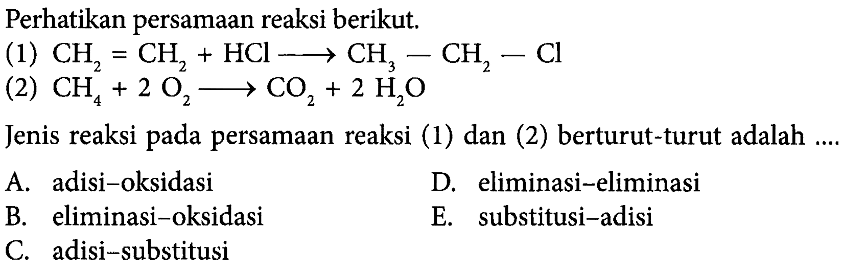 Perhatikan persamaan reaksi berikut. (1) CH2 = CH2 + HCl -> CH3 - CH2 - Cl (2) CH4 + 2 O2 -> CO2 + 2 H2O Jenis reaksi pada persamaan reaksi (1) dan (2) berturut-turut adalah .... 