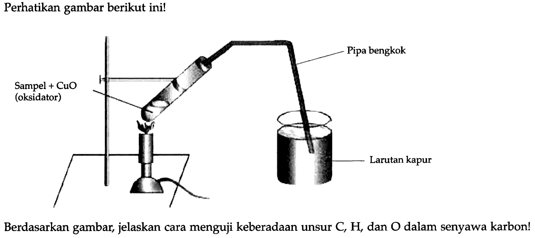 Perhatikan gambar berikut ini! 
Sampel + CuO (oksidator) Pipa bengkok Larutan kapur 
Berdasarkan gambar, jelaskan cara menguji keberadaan unsur C, H, dan O dalam senyawa karbon!