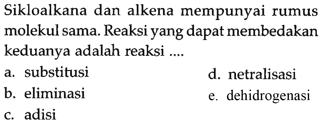 Sikloalkana dan alkena mempunyai rumus molekul sama. Reaksi yang dapat membedakan keduanya adalah reaksi ....
