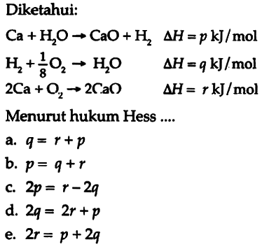 Diketahui :
Ca + H2O - > Ca O + H2 delta H = p kJ/mol
H2 + 1/8 O2 - > H2O delta H = q kJ/mol
2 Ca + O2 - > 2 CaO delta H = r kJ/mol
Menurut hukum Hess .....