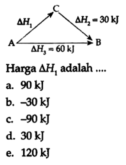 A delta H1 C delta H2 = 30 kJ B delta H3 = 60 kJ 
Harga delta H1 adalah ....