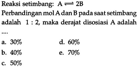 Reaksi setimbang : A < = > 2B
Perbandingan mol A dan B pada saat setimbang adalah 1 : 2, maka derajat disosiasi A adalah...