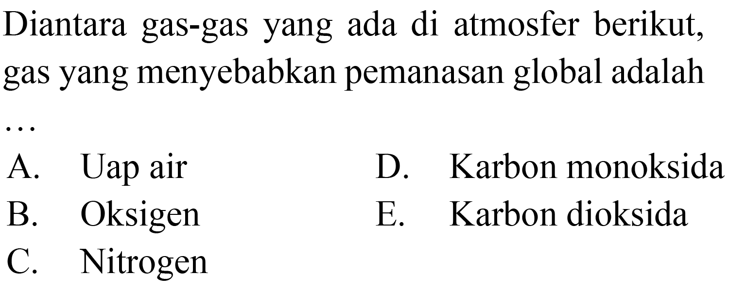 Diantara gas-gas yang ada di atmosfer berikut, gas yang menyebabkan pemanasan global adalah
A. Uap air
D. Karbon monoksida
B. Oksigen
E. Karbon dioksida
C. Nitrogen