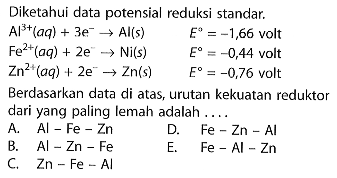 Diketahui data potensial reduksi standar: 
Al^(3+) (aq) + 3 e^- -> Al (s) E = -1,66 volt 
Fe^(2+) (aq) + 2 e^- -> Ni (s) E = -0,44 volt 
Zn^(2+) (aq) + 2 e^- -> Zn (s) E = -0,76 volt 
Berdasarkan data di atas, urutan kekuatan reduktor dari yang paling lemah adalah 
A. Al - Fe - Zn D. Fe - Zn - Al B. Al - Zn - Fe E. Fe - Al - Zn C. Zn - Fe - Al 