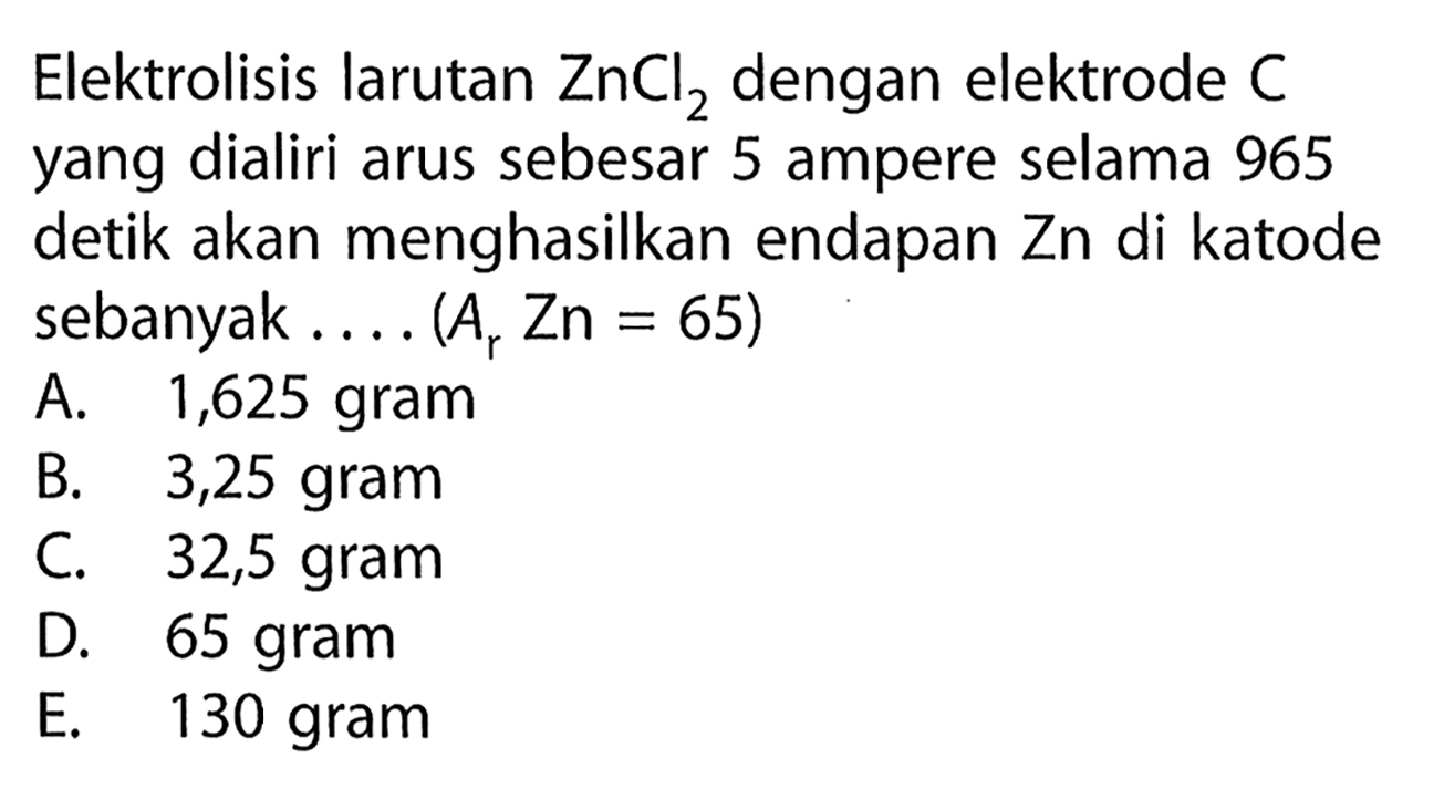 Elektrolisis larutan ZnCl2 dengan elektrode C yang dialiri arus sebesar 5 ampere selama 965 detik akan menghasilkan endapan Zn di katode sebanyak .... (Ar Zn = 65)