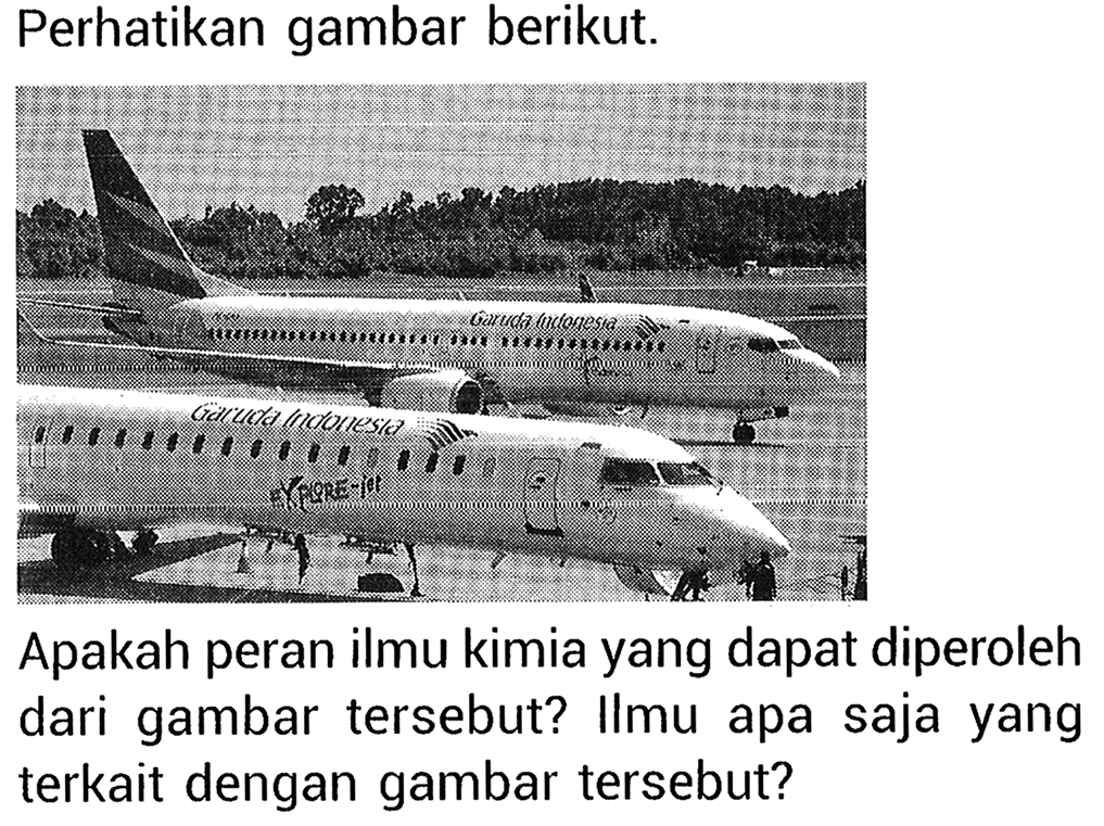 Perhatikan gambar berikut. 
(pesawat terbang) 
Apakah peran ilmu kimia yang dapat diperoleh dari gambar tersebut? llmu apa saja yang terkait dengan gambar tersebut?