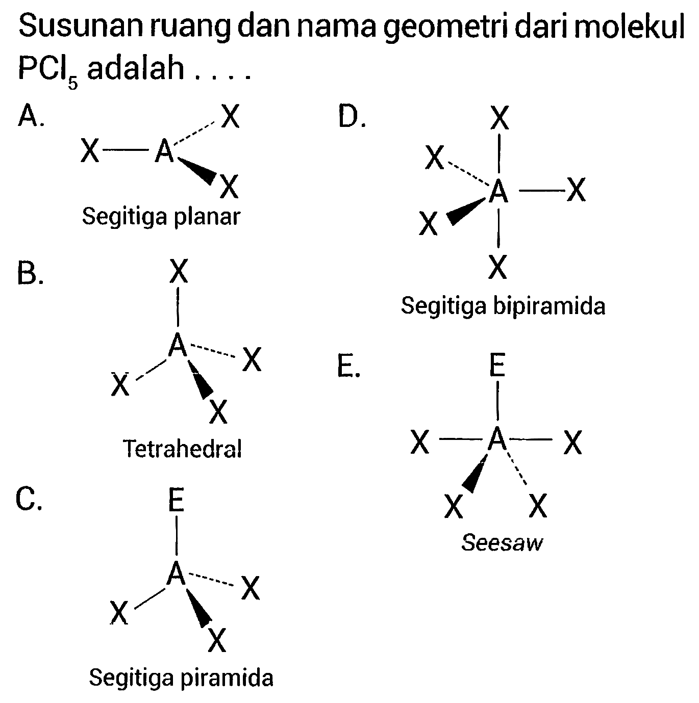 Susunan ruang dan nama geometri dari molekul PCl5 adalah...