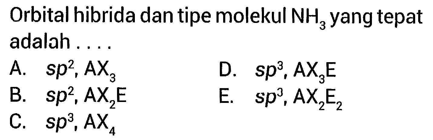 Orbital hibrida dan tipe molekul NH3 yang tepat adalah ....
