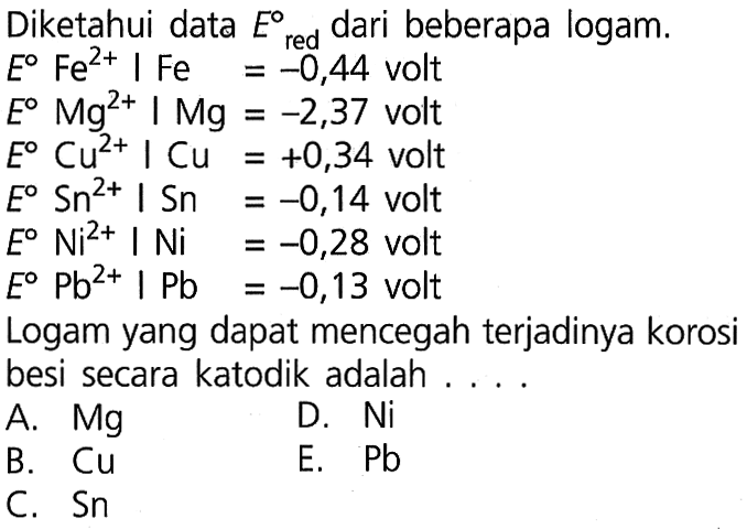 Diketahui data  E red   dari beberapa logam. E Fe^(2+)  ।  Fe=-0,44  volt E Mg^(2+)  ।  Mg=-2,37  volt E Cu^(2+)  ।  Cu=+0,34  volt E Sn^(2+)  ।  Sn=-0,14  volt E Ni^(2+)  ।  Ni=-0,28  volt E Pb^(2+)  ।  Pb=-0,13  voltLogam yang dapat mencegah terjadinya korosibesi secara katodik adalah .... 