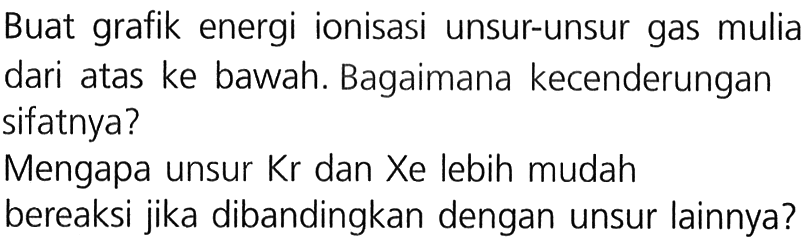 Buat grafik energi ionisasi unsur-unsur gas mulia dari atas ke bawah. Bagaimana kecenderungan sifatnya? Mengapa unsur Kr dan Xe lebih mudah bereaksi jika dibandingkan dengan unsur lainnya?