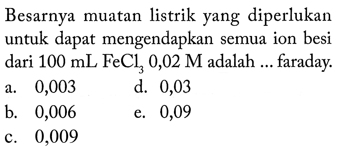 Besarnya muatan listrik yang diperlukan untuk dapat mengendapkan semua ion besi dari 100 mL FeCl3 0,02 M adalah ... faraday.
