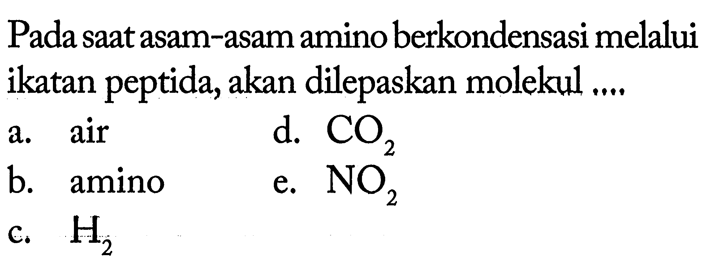 Pada saat asam-asam amino berkondensasi melalui ikatan peptida, akan dilepaskan molekul ...
