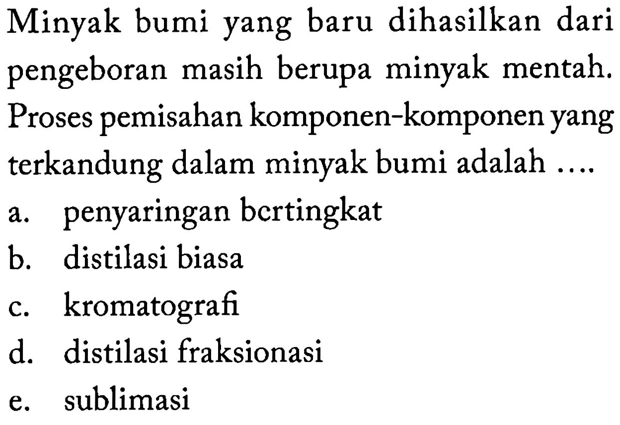 Minyak bumi yang baru dihasilkan dari pengeboran masih berupa minyak mentah. Proses pemisahan komponen-komponen yang terkandung dalam minyak bumi adalah.... 