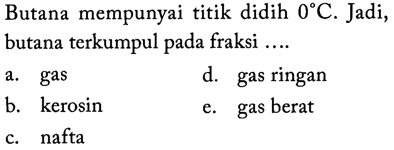Butana mempunyai titik didih 0 C. Jadi, butana terkumpul pada fraksi ....