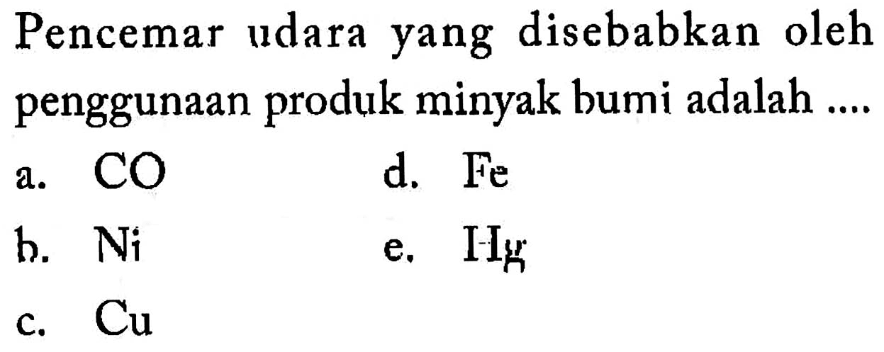 Pencemar udara yang disebabkan oleh penggunaan produk minyak bumi adalah ....