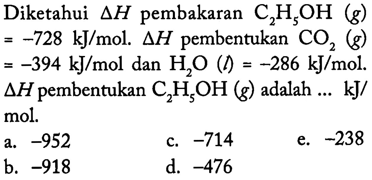 Diketahui delta H pembakaran C2H5OH(g) =-728 kJ/mol. delta H pembentukan CO2(g)=-394 kJ/mol dan H2O(l)=-286 kJ/mol. delta H pembentukan C2H5OH(g) adalah ... kJ/ mol.