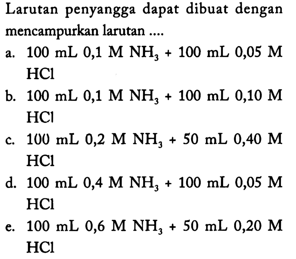 Larutan penyangga dapat dibuat dengan mencampurkan larutan ....
a.  100 ~mL mathrm{0,1) M  NH_(3)+100 ~mL 0,05 M   HCl 
b.  100 ~mL mathrm{0,1) M NH+100 ~mL 0,10 M   HCl 
c.  100 ~mL 0,2 M NH_(3)+50 ~mL 0,40 M   HCl 
d.  100 ~mL mathrm{0,4) M NH_(3)+100 ~mL 0,05 M   HCl 
e.  100 ~mL 0,6 M NH_(3)+50 ~mL 0,20 M   HCl 