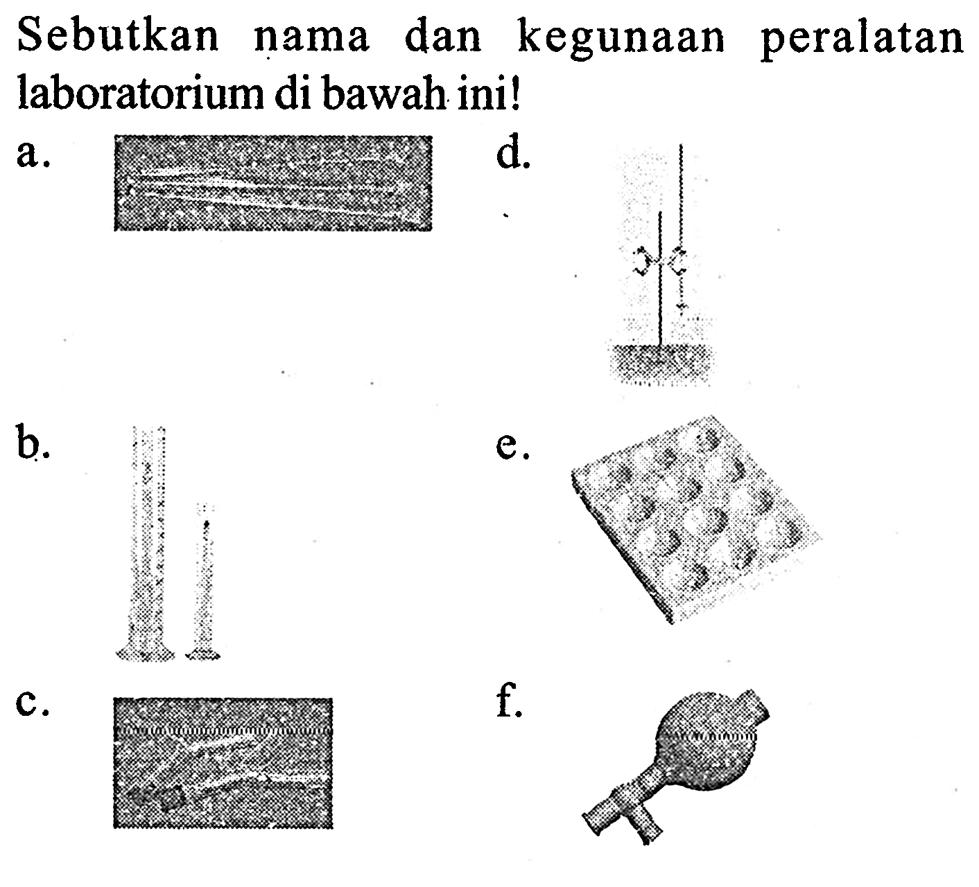 Sebutkan nama dan kegunaan peralatan laboratorium di bawah ini! 
a. (spatula) 
b. (gelas ukur) 
c. (tabung Y) 
d. (statif + buret) 
e. (pelat tetes) 
f. (karet penghisap)