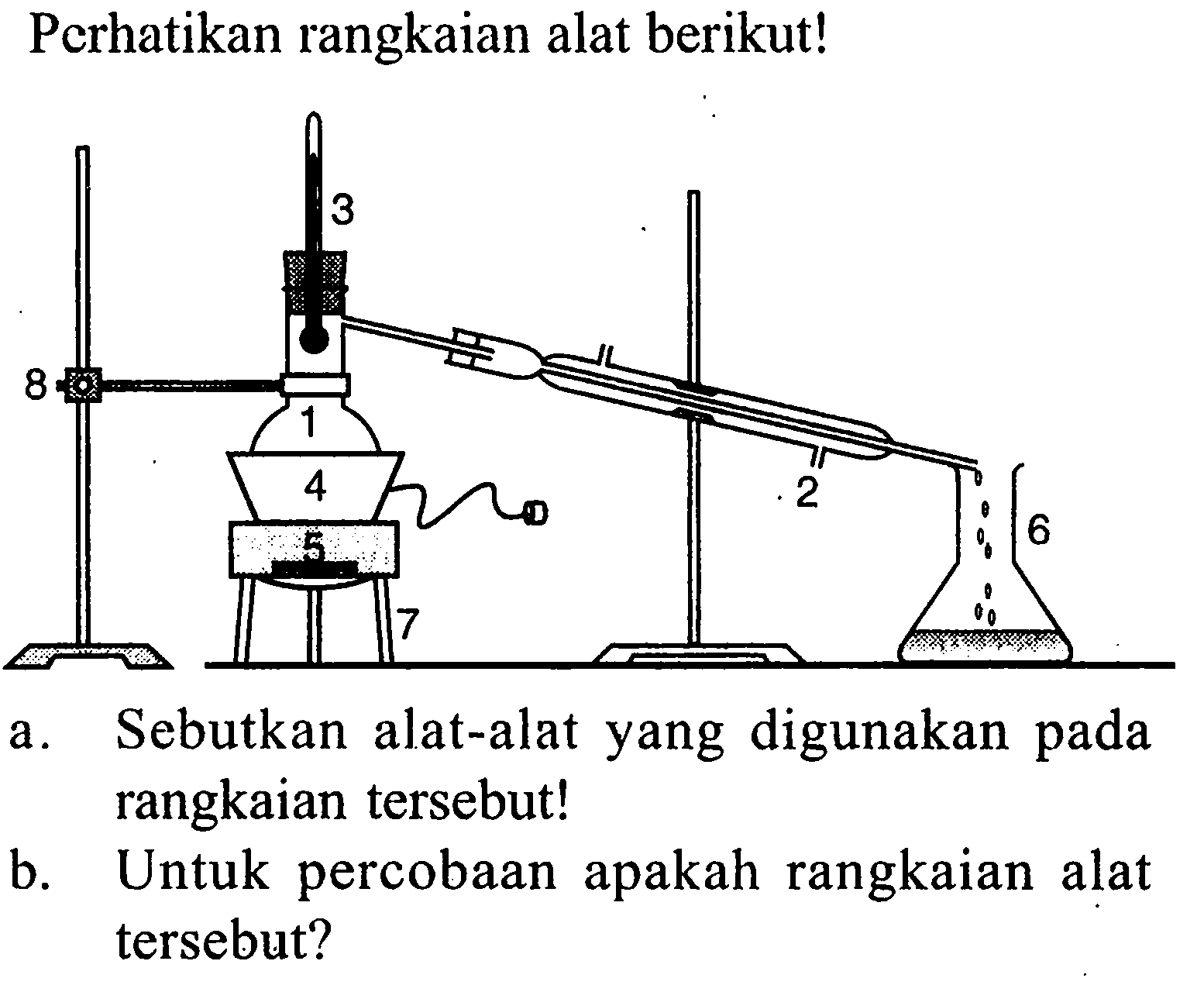 Perhatikan rangkaian alat berikut! 
8 3 1 4 5 7 2 6 
a. Sebutkan alat-alat yang digunakan pada rangkaian tersebut! 
b. Untuk percobaan apakah rangkaian alat tersebut?