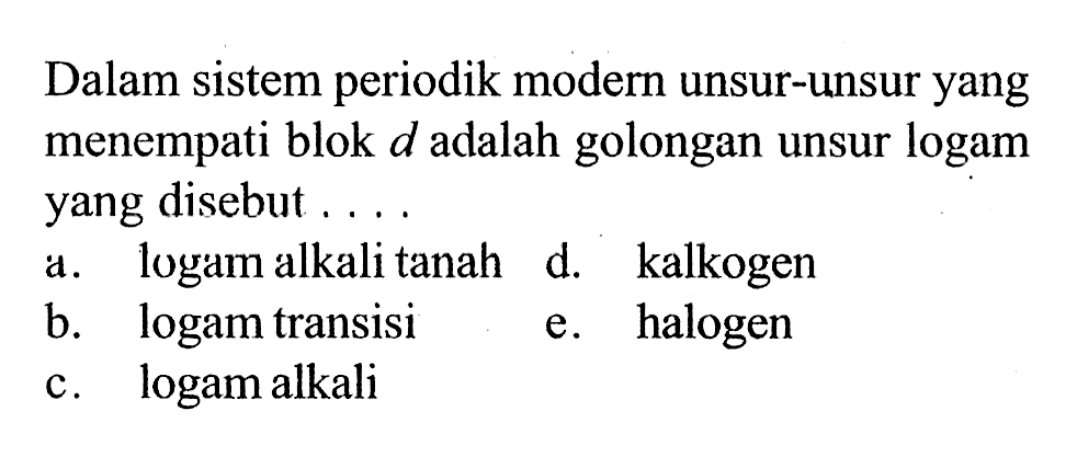 Dalam sistem periodik modern unsur-unsur yang menempati blok d adalah golongan unsur logam yang disebut ....