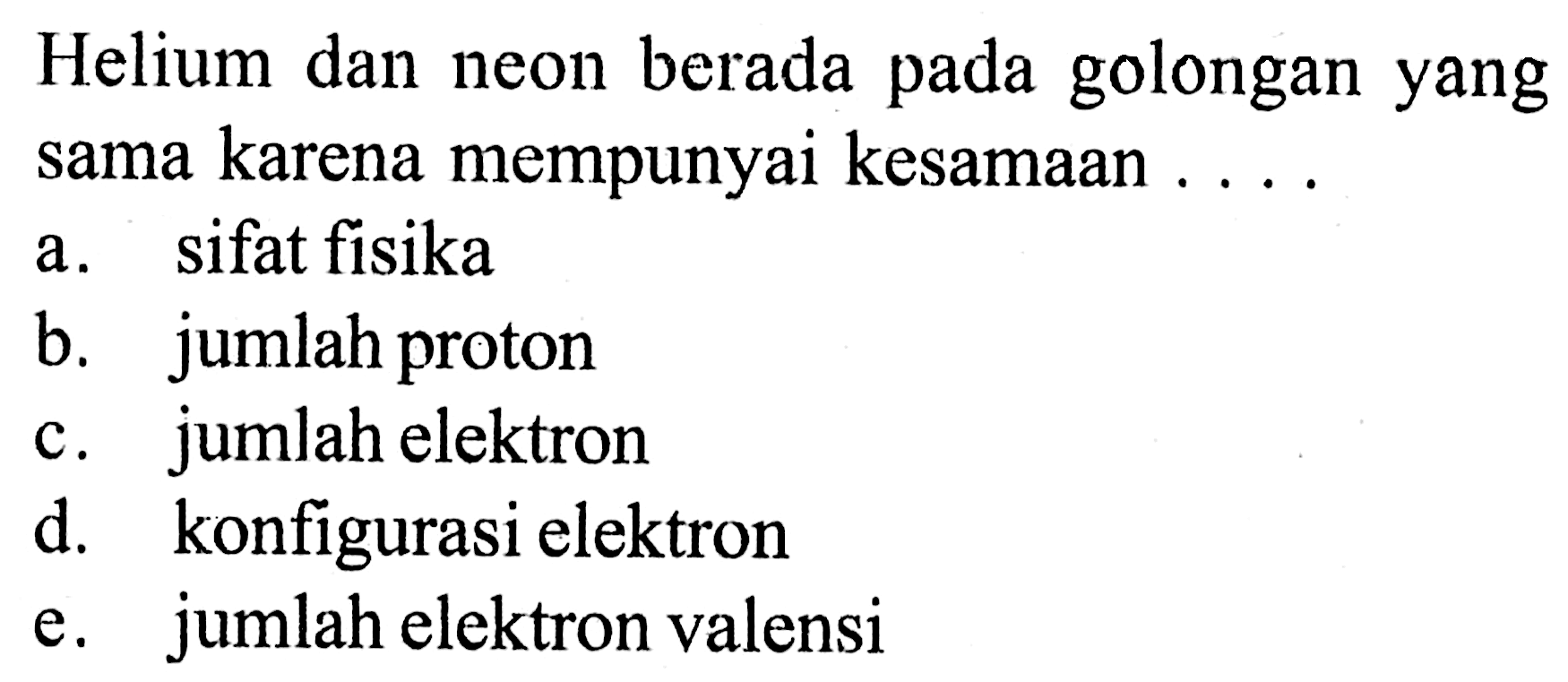 Helium dan neon berada pada golongan yang sama karena mempunyai kesamaan ....
