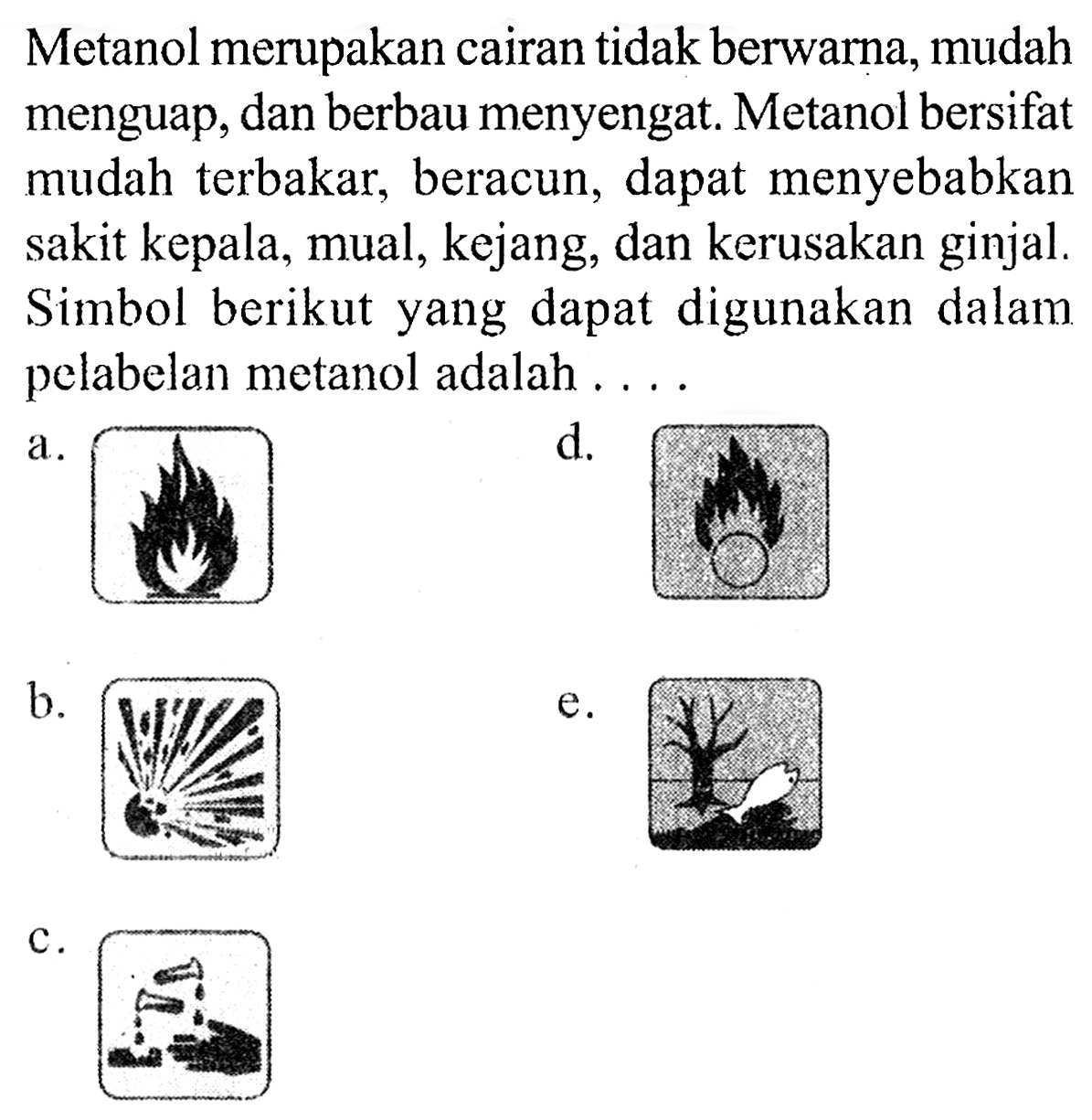 Metanol merupakan cairan tidak berwarna, mudah menguap, dan berbau menyengat. Metanol bersifat mudah terbakar, beracun, dapat menyebabkan sakit kepala, mual, kejang, dan kerusakan ginjal. Simbol berikut yang dapat digunakan dalam pelabelan metanol adalah ....
