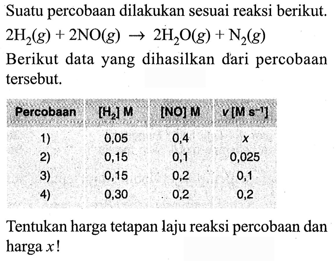 Suatu percobaan dilakukan sesuai reaksi berikut. 
2 H2 (g) + 2 NO (g) -> 2 H2O (g) + N2 (g) 
Berikut data yang dihasilkan dari percobaan tersebut. 
Percobaan [H2] M [NO] M v [M s^(-1)] 
1) 0,05 0,4 X 
2) 0,15 0,1 0,025 
3) 0,15 0,2 0,1 
4) 0,30 0,2 0,2 
Tentukan harga tetapan laju reaksi percobaan dan harga x!