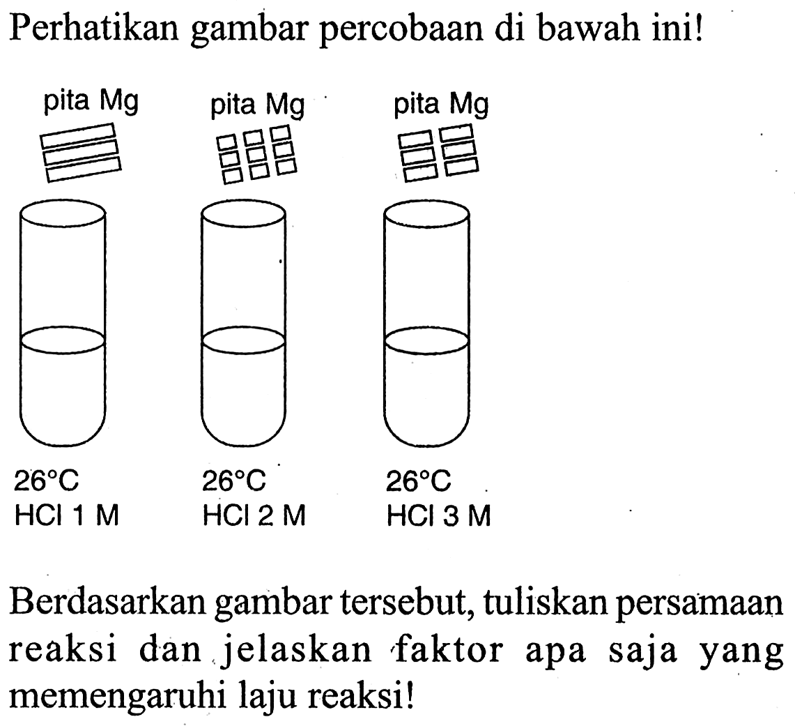 Perhatikan gambar percobaan di bawah ini! 
pita Mg pita Mg pita Mg 
26 C HCl 1 M 
26 C HCl 2 M 
26 C HCl 3 M 
Berdasarkan gambar tersebut, tuliskan persamaan reaksi dan jelaskan faktor apa saja yang memengaruhi laju reaksi!