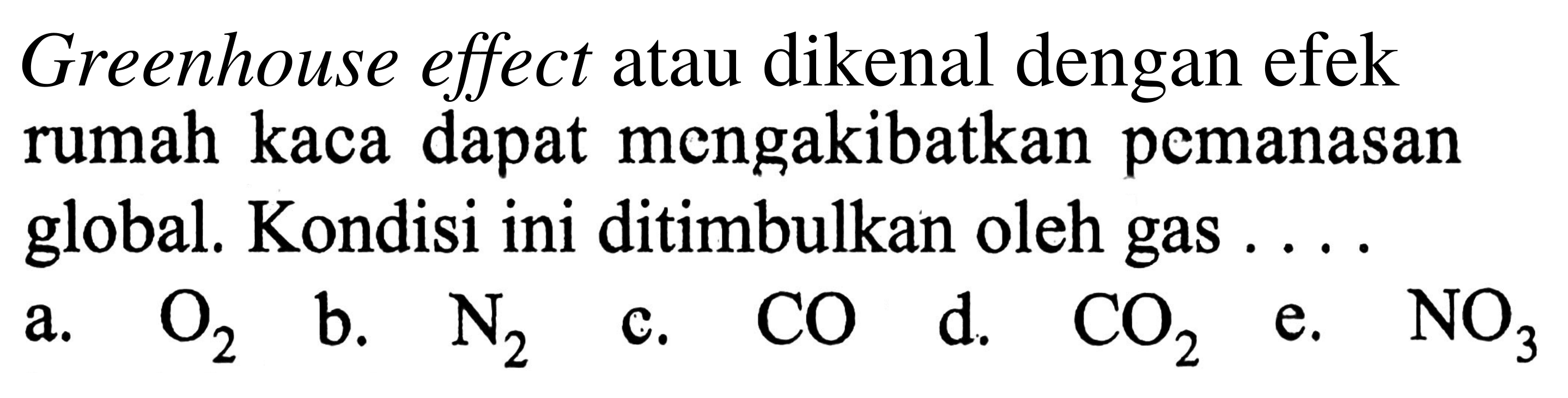 Greenhouse effect atau dikenal dengan efek rumah kaca dapat mengakibatkan pemanasan global. Kondisi ini ditimbulkan oleh gas ....
