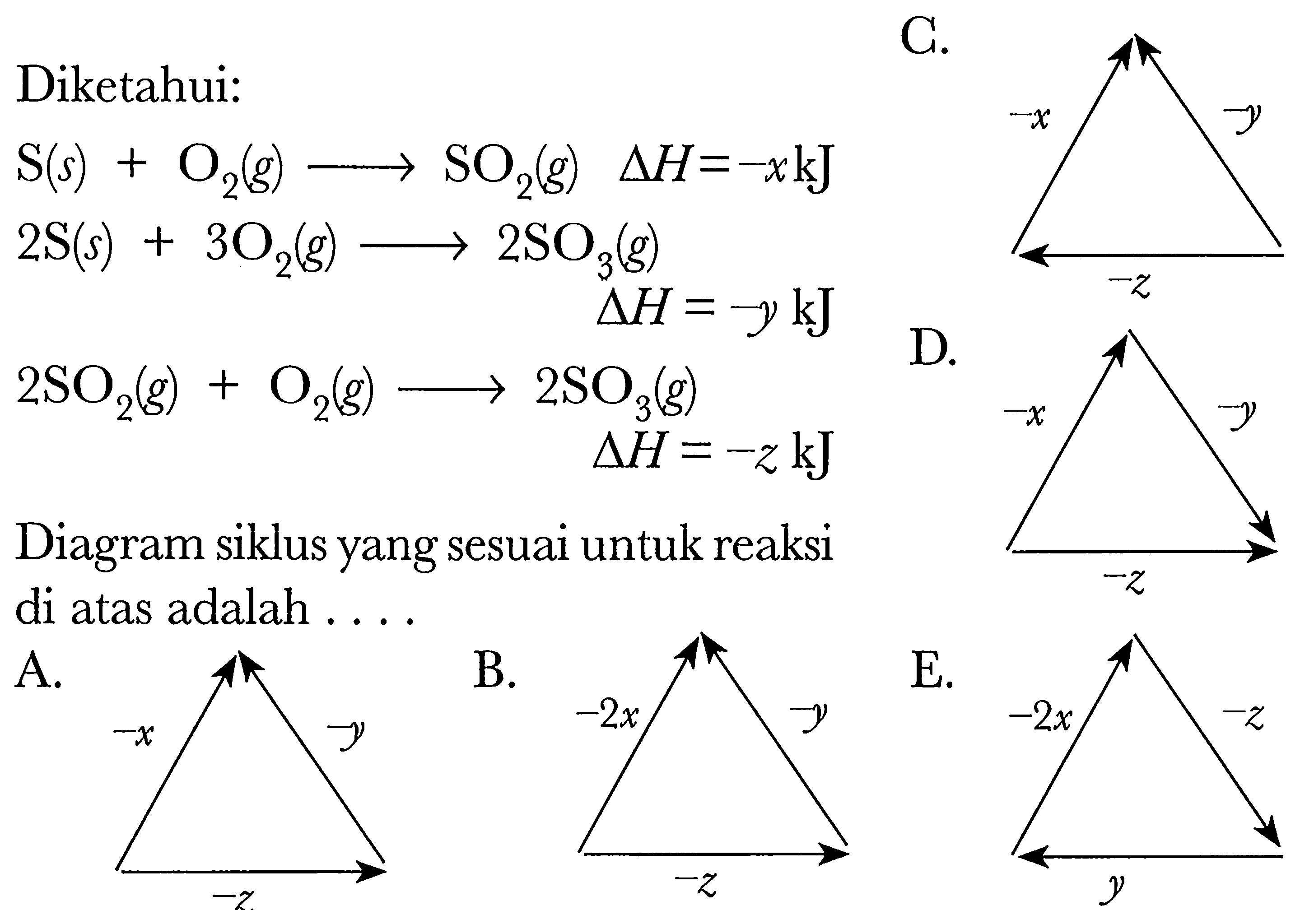 Diketahui: 
S (s) + O2 (g) -> SO2 (g) delta H = -x kJ 
2S (s) + 3O2 (g) -> 2SO3 (g) delta H = -y kJ 
2SO2 (g) + O2 (g) -> 2SO3 (g) delta H = -z kJ 
Diagram siklus yang sesuai untuk reaksi di atas adalah .... 