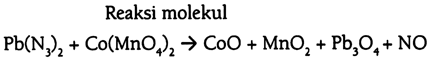 Reaksi molekul 
Pb(N3)2 + Co(MnO4)2 -> CoO + MnO2 + Pb3O4 + NO