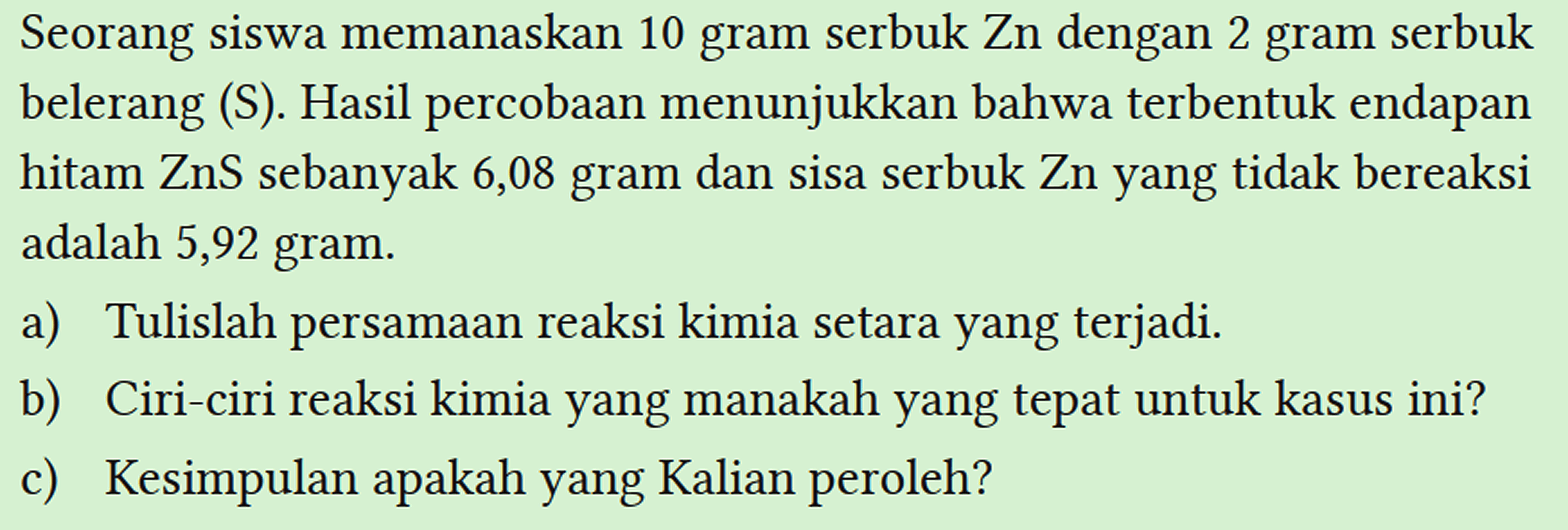 Seorang siswa memanaskan 10 gram serbuk Zn dengan 2 gram serbuk belerang (S). Hasil percobaan menunjukkan bahwa terbentuk endapan hitam ZnS sebanyak 6,08 gram dan sisa serbuk Zn yang tidak bereaksi adalah 5,92 gram.
 a) Tulislah persamaan reaksi kimia setara yang terjadi.
 b) Ciri-ciri reaksi kimia yang manakah yang tepat untuk kasus ini?
 c) Kesimpulan apakah yang Kalian peroleh?