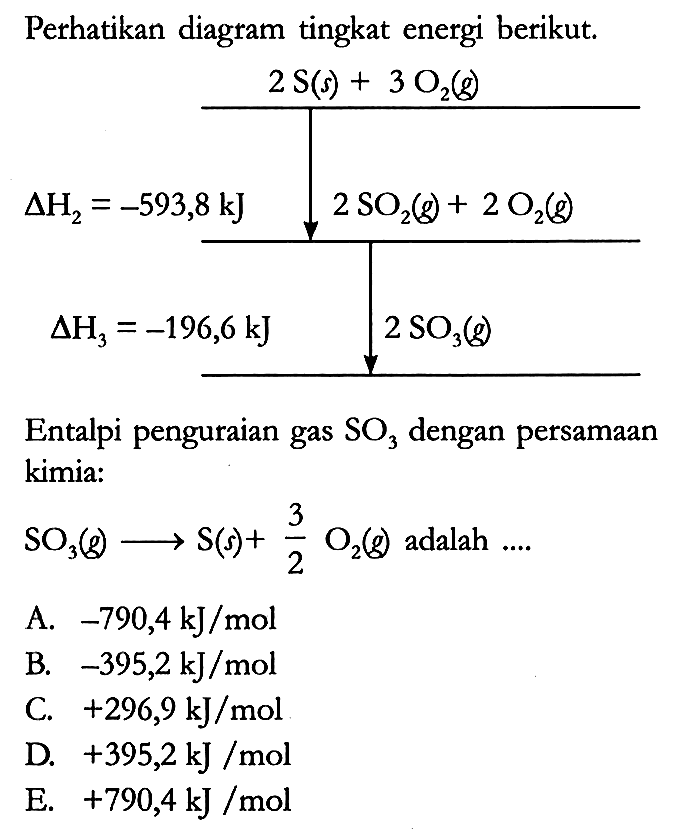 Perhatikan diagram tingkat energi berikut. 2 S (s) + 3 O2 (g) delta H2 = -593,8 kJ 2 SO2 (g) + 2 O2 (g) delta H3 =-196,6 kJ 2 SO3 (g) Entalpi penguraian gas SO3 dengan persamaan kimia : SO3 (g) -> S (s) + 3/2 O2 (g) adalah ...